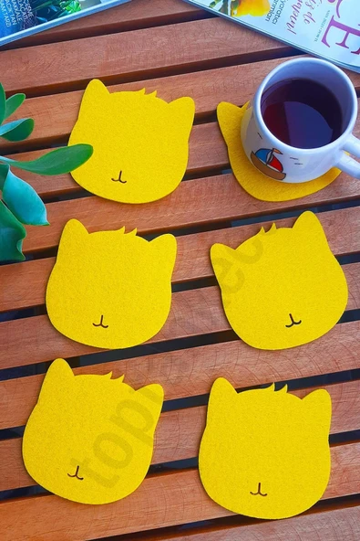 Kedi Temalı Bardak Altlığı Sarı 6'lı Set ürün görseli 1
