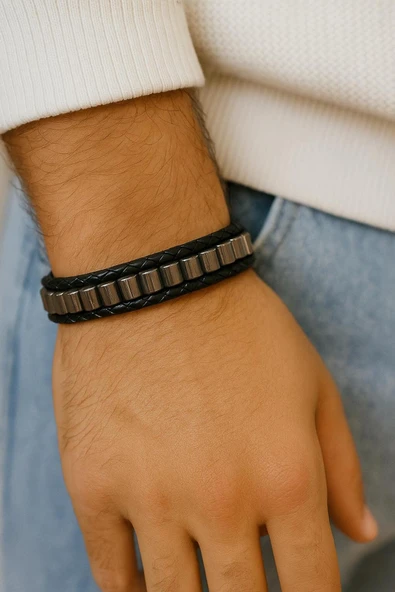 Hematit Taşlı Hakiki Siyah Deri Erkek Bileklik | Mıknatıslı Metal Tokalı, Modern ve Şık Tasarım ürün görseli 1