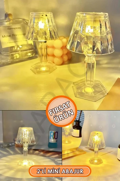 2'li Küçük Boy Kristal Led Masa Lambası Pilli Mini Şeffaf Abajur 12 Cm ürün görseli 1