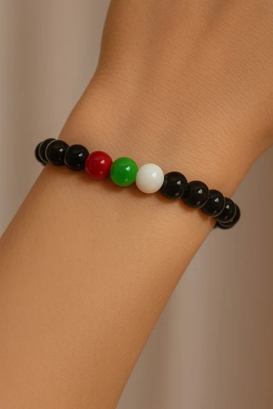 Filistin Renkleri Taşıyan Siyah Boncuk Bileklik | Unisex, Anlamlı ve Şık Tasarım ürün görseli 1
