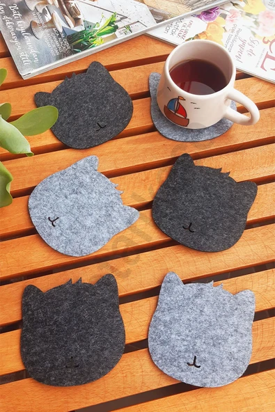 Kedi Temalı Bardak Altlığı Gri 6 Adet ürün görseli 1