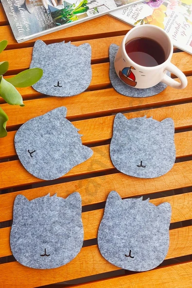 Kedi Temalı Bardak Altlığı Gri 6'lı Set ürün görseli 1