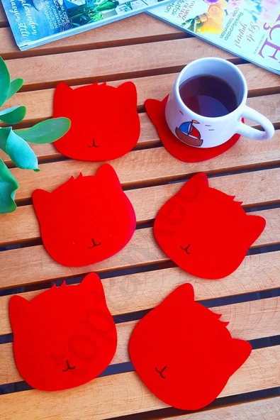 Kedi Temalı Bardak Altlığı Kırmızı 6'lı Set ürün görseli 1