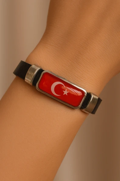 Ay Yıldız Kırmızı Bayrak Figürlü Siyah Deri Bileklik | Unisex, Şık ve Ayarlanabilir Model ürün görseli 1