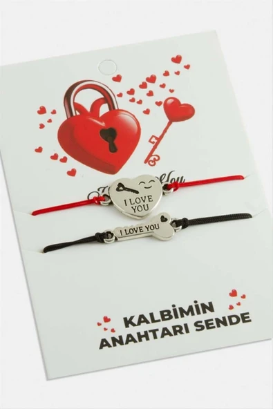 Kalbimin Anahtarı Sende Çift Bileklik I Love You Yazılı Kalp & Anahtar Model Sevgili Bilekliği ürün görseli 1