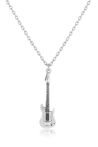 Bas Gitar Erkek Kadın Kolye Antik Gümüş Kaplama 60 Cm Düz Zincir ürün görseli 1
