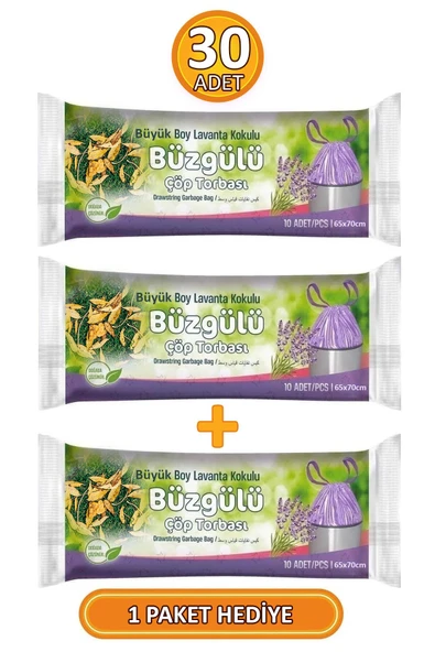 Büyük Boy 65x70 Cm Büzgülü Lavanta Kokulu Çöp Torbası 3 Paket - 30 Adet Çöp Poşeti ürün görseli 1