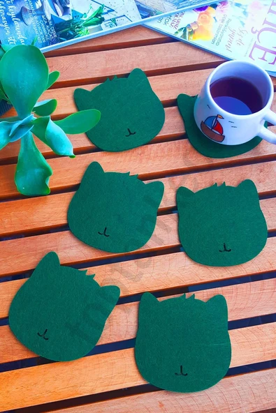 Kedi Temalı Bardak Altlığı Yeşil 6'lı Set ürün görseli 1