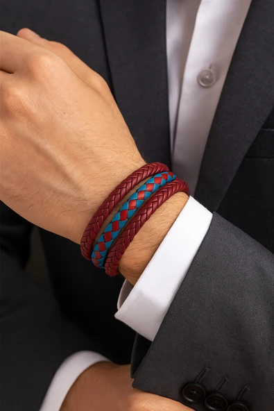 Bordo-Mavi Hakiki Deri Taraftar Erkek Bileklik Kombini-Mıknatıslı Metal Tokalı Takım Renkli Tasarım ürün görseli 1