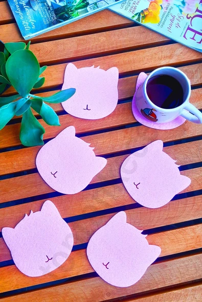 Kedi Temalı Bardak Altlığı Pembe 6'lı Set ürün görseli 1