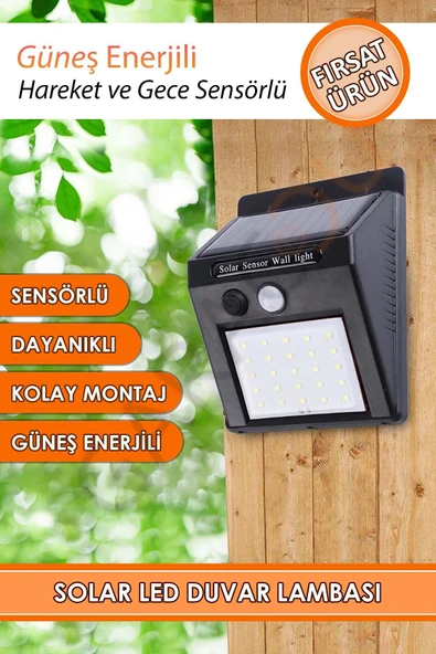 Güneş Enerjili Karanlık ve Hareket Sensörlü 20 Ledli Duvar Lambası Suya Dayanıklı Beyaz Işık ürün görseli 1