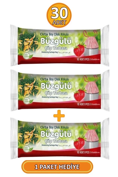 Orta Boy 55x60 Cm Büzgülü Çilek Kokulu Çöp Poşeti 3 Paket - 30 Adet ürün görseli 1