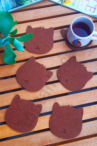 Kedi Temalı Bardak Altlığı Kahverengi 6'lı Set ürün görseli 1