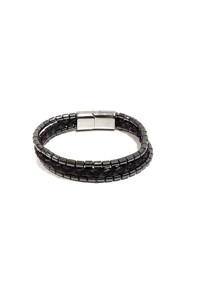 Metal Detaylı Siyah Deri Unisex Bileklik – Minimal ve Modern Tasarım, Tek Ebat ürün görseli 1