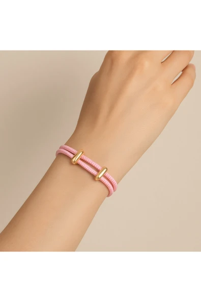 Pembe Çift İp Altın Renk Halkalı Kadın Bileklik – Ayarlanabilir Şık Tasarım ürün görseli 1