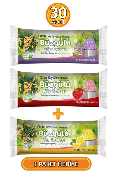 3 Paket - 30 Adet Orta Boy 55x60 Cm Büzgülü Kokulu Çöp Torbaları (Limon - Çilek - Lavanta) ürün görseli 1