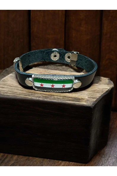 Suriye Bayrağı Siyah Deri Bileklik Ayarlabilir ürün görseli 1