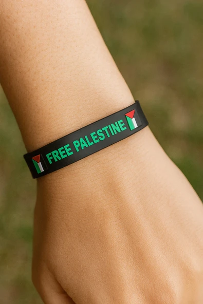 “Free Palestine” Yazılı Siyah Unisex Bileklik – Dayanışma, Anlamlı ve Özgün Tasarım ürün görseli 1