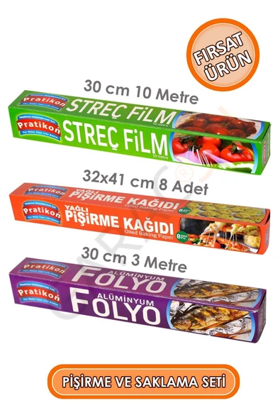 Yemek Pişirme ve Saklama Seti Streç Film + Yağlı Pişirme Kağıdı + Alüminyum Folyo 3'lü Set ürün görseli 1