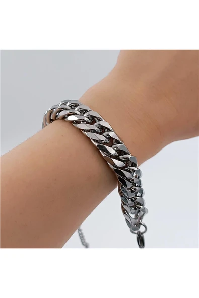 316L Çelik Silver Klasik Retro Kalın Zincir Unisex Bileklik ürün görseli 1