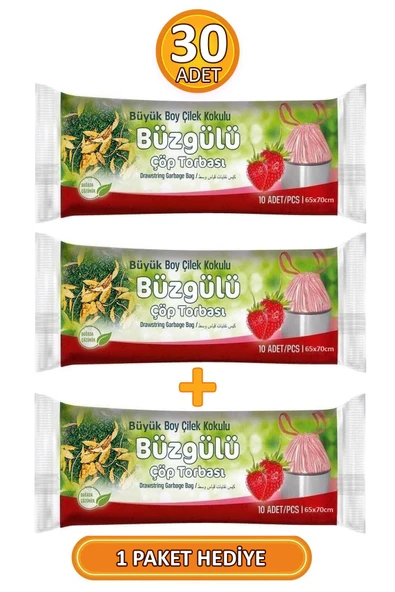 Büyük Boy 65x70 cm Büzgülü Çilek Kokulu Çöp Torbası 3 Paket - 30 Adet ürün görseli 1
