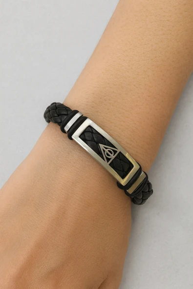 Pentagram Figürlü Unisex Örme Deri Bileklik – Paslanmaz Çelik Detaylı Gotik Tasarım ürün görseli 1