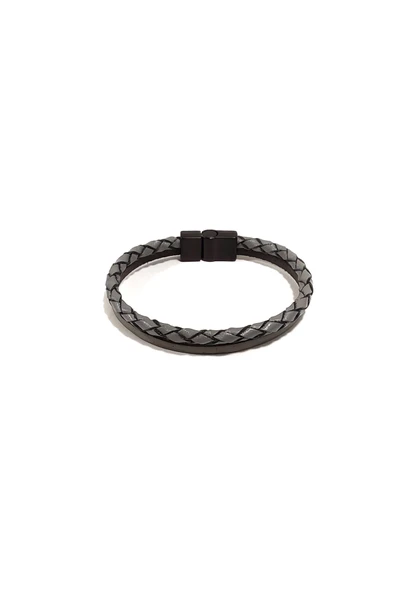 Gri Düz Örgü Hakiki Deri Erkek Bileklik | Mıknatıslı Metal Tokalı Minimal Şık Tasarım ürün görseli 1
