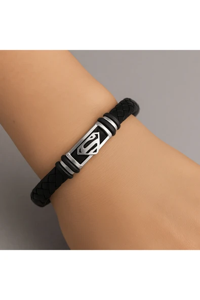 Superman Amblemli Unisex Örme Deri Bileklik – Paslanmaz Çelik Detaylı Güçlü Tasarım ürün görseli 1