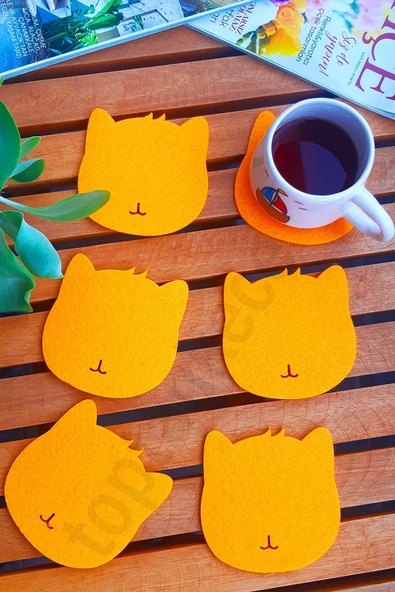 Kedi Temalı Bardak Altlığı Turuncu 6'lı Set ürün görseli 1