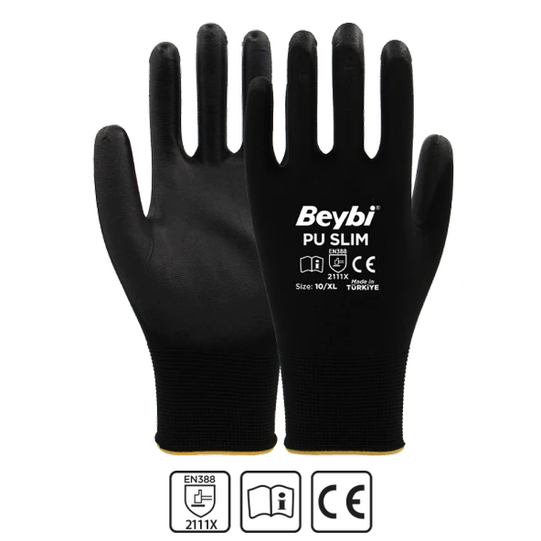 Beybi Pu Touch 12 Çift 8 Numara Siyah İş Eldiveni ürün görseli 1