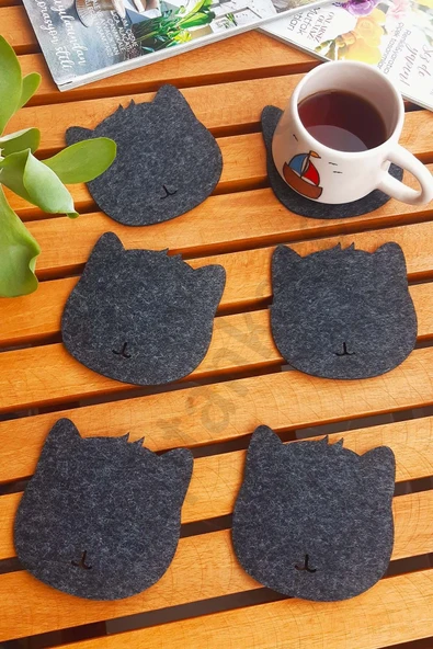 Kedi Temalı Bardak Altlığı Antrasit 6'lı Set ürün görseli 1