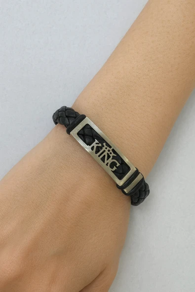 “The King” Yazılı Unisex Örme Deri Bileklik – 21 cm, Paslanmaz Çelik Detaylı Karizmatik Tasarım ürün görseli 1