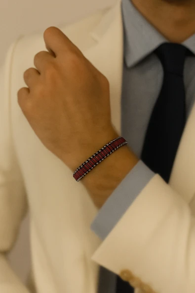 Bordo Gerçek Deri Erkek Bileklik | Siyah İp Örgü Detaylı, Mıknatıslı Metal Tokalı Tasarım-1250 ürün görseli 1