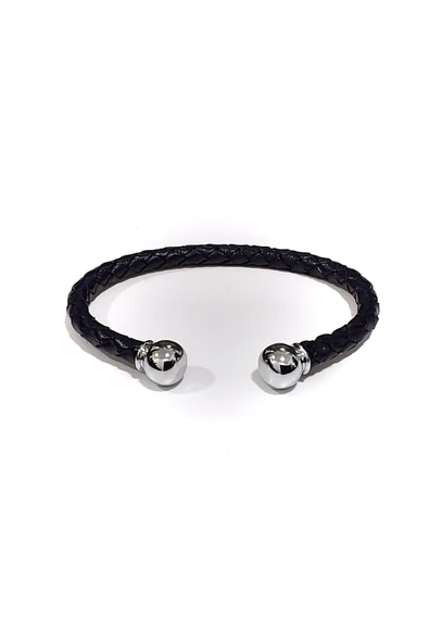 Noble Touch Navy Lacivert Çelik Uç Örgü Hakiki Deri Erkek Bileklik-01 ürün görseli 1