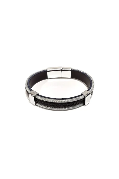 Hakiki Siyah Deri Çelik Örgü Erkek Bileklik | Mıknatıslı Metal Tokalı, Modern ve Maskülen Tasarım ürün görseli 1