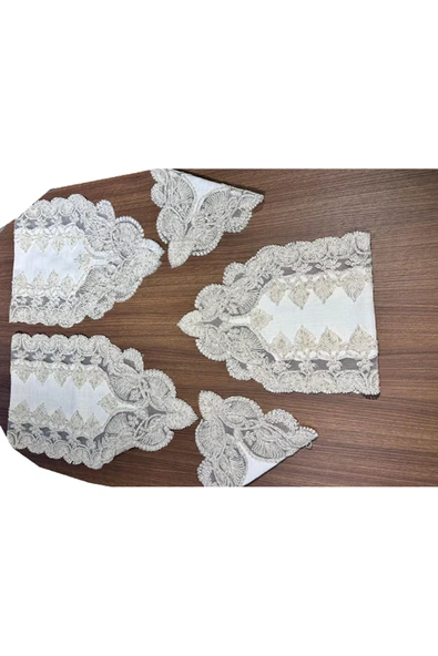 GOLDROOM Linen Fransız Dantelli Salon Takımı 5 Parça Krem ürün görseli 1