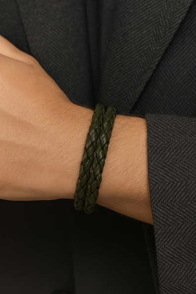 Haki Renk Gerçek Deri Örgü Erkek Bileklik | Mıknatıslı Metal Tokalı, Modern Tasarım-604 ürün görseli 1