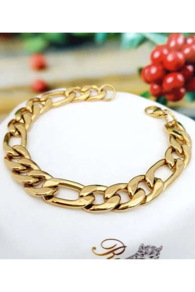 316L Paslanmaz Çelik Kararmaz Kalın Ezme Düz Zincir Gold Bileklik Unisex ürün görseli 1