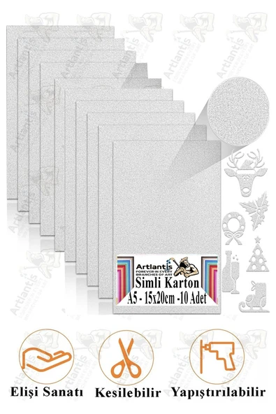Gümüş Gri Simli Karton A5 15x20 cm 10 lu 1 Paket Simli Fon Kartonu Parıltılı Kağıt Anasınıfı Kreş Etkinlik Proje ürün görseli 1
