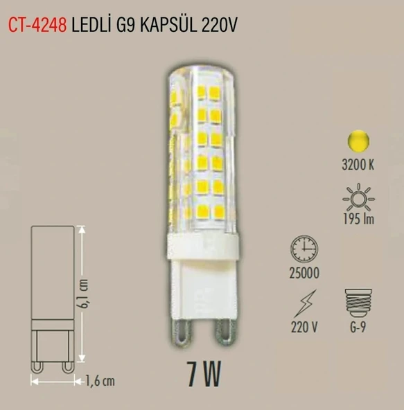 CATA 220v 7w G9 SARI Işık 3200k Kapsül Ampul Geniş Açı 600lm (Günışığı Mısır Dizgi İğne Ayaklı Avize Ampulü 220 Volt 7 W ürün görseli 1