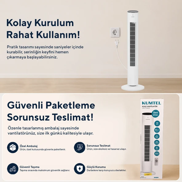 Kumtel KTF-360 Kule Tipi Vantilatör Beyaz - Resim 7