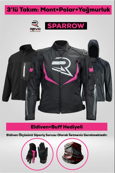 REVO SPARROW Pembe 3 Katmanlı 4 Mevsim Kadın Motosiklet Montu + ELDİVEN VE BUFF HEDİYELİ ürün görseli 1