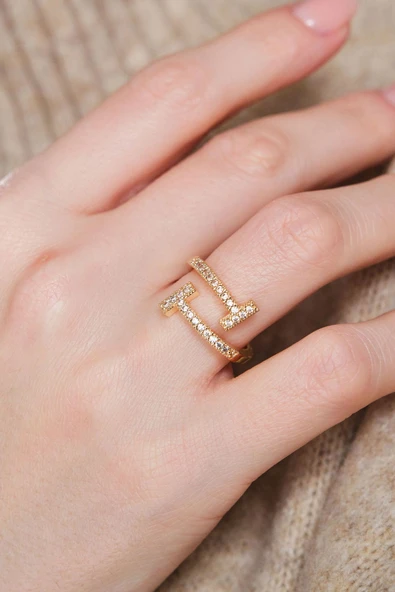 Gold Ayarlanabilir T Tiffany  Zirkon Taşlı Yüzük ürün görseli 1