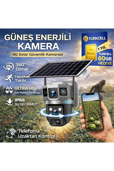 4G 1 Yıl 60 GB SIM Kartlı Güneş Enerjili 3 Kameralı 360° Döner Güvenlik Kamerası Bahçe Arazi ürün görseli 1