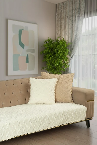 Ponela Bohem Ponponlu Koltuk Örtüsü 90x200 cm Sadece Oturma Alanı (1 Adet )- Ekru ürün görseli 1