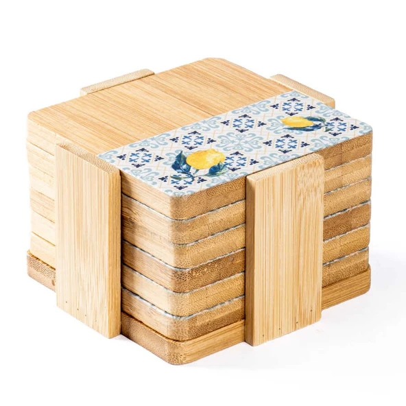 Tantitoni Bambu 6 Parça Standlı Desenli Bardak Altlığı Seti 11.5x11x5 Cm ürün görseli 1