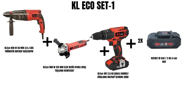 KLEco Set-1 (820 W 26 MM 3.0 J SDS PNÖMATİK KIRICI MATKAP+900 W 125 MM ELEK DEVİR AYARLI AVUÇ TAŞLAMA+ŞARJLI DARBELİ MATKAP) ürün görseli 1