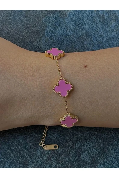 Gold Pembe Doğal Taşlı Van Cleef Premium Çelik Bileklik ürün görseli 1
