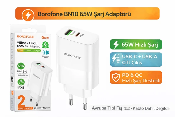 BN10 65W Süper Hızlı Şarj Aleti  Type-C PD & USB-A QC Çift Portlu Adaptör ürün görseli 1
