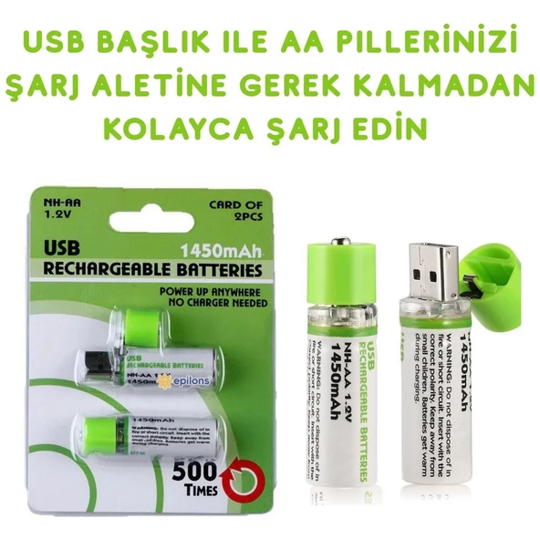 Usb İle Şarj Olabilen 2 Li 1450 Mah Lityum Şarjlı Kalem Pil ürün görseli 1